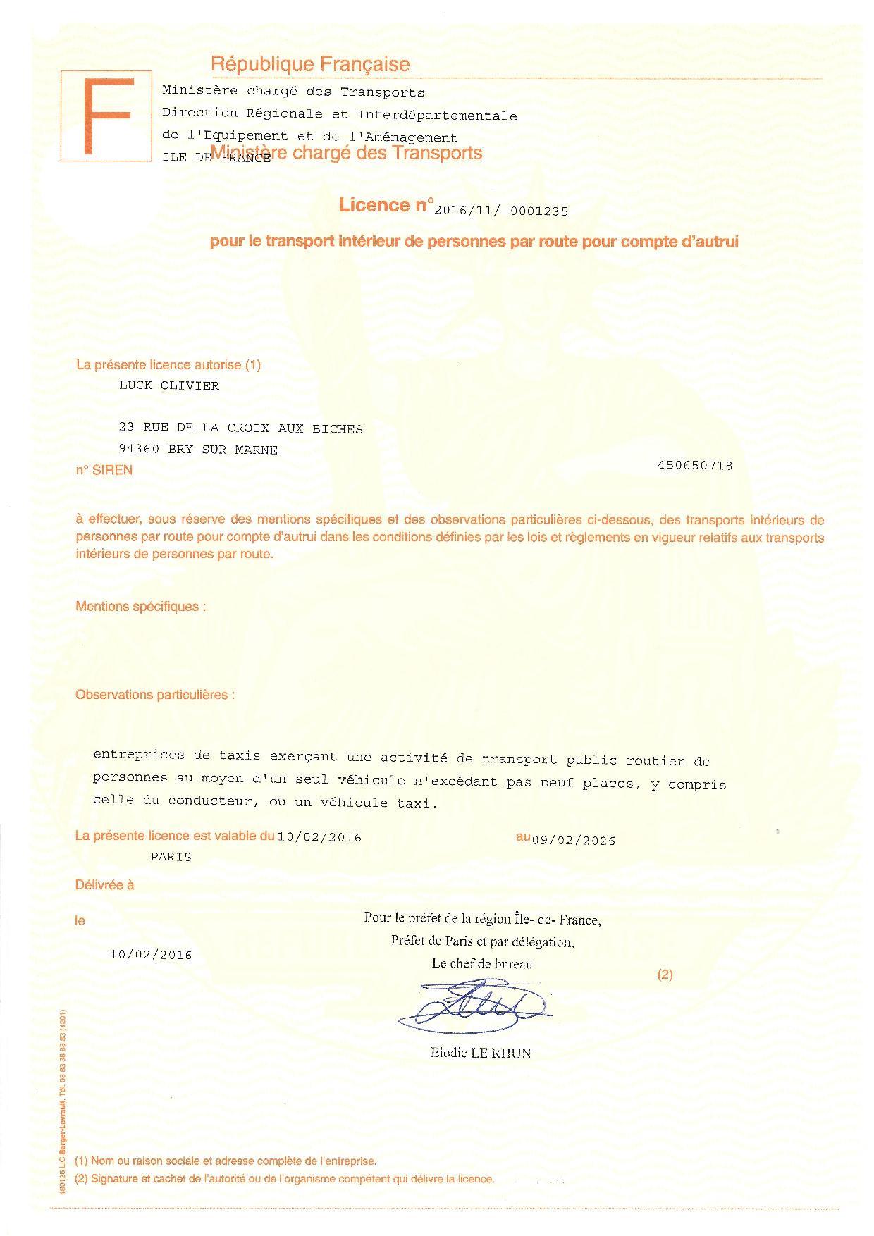Transport License to carry passengers in France